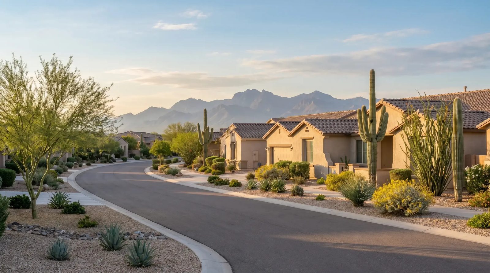 An Arizona neighborhood street with desert landscaping